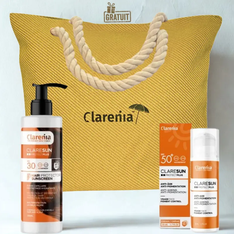 CLARENIA CLARESUN ANTI AGE SPF50+ 50ML+PROTECT PLUS CAPILLAIRE SPF30 200ML+SAC DE PLAGE EN JAUNE (OFFERT)