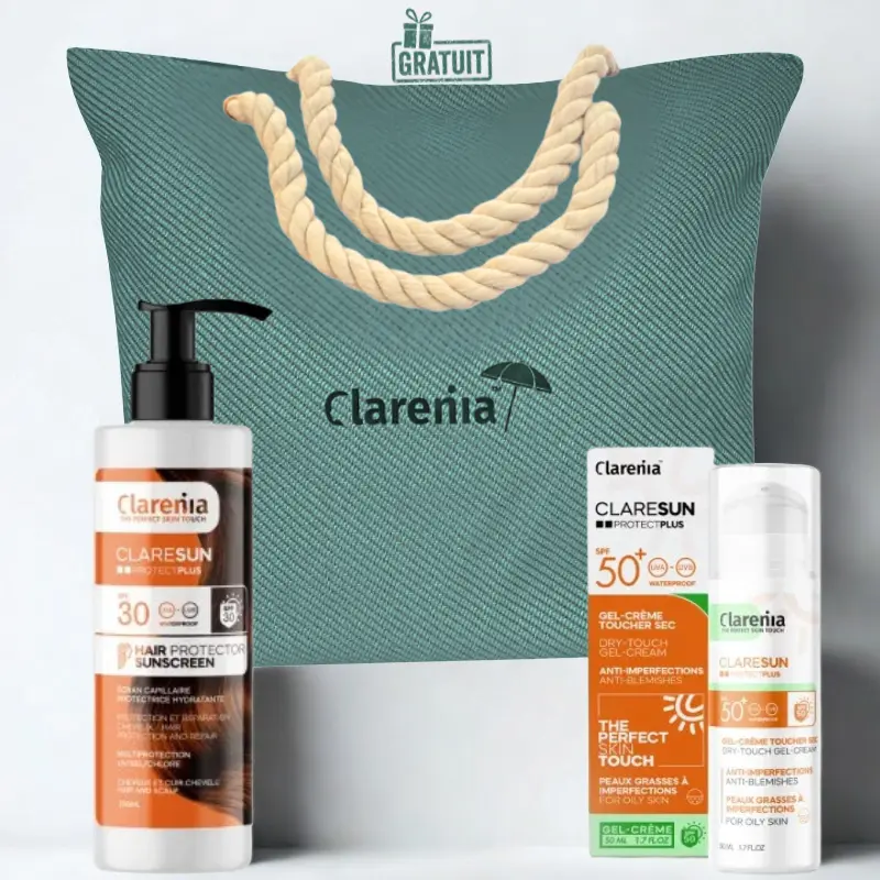 CLARENIA CLARESUN GEL CREME TOUCHER SEC SPF50+ 50ML+PROTECT PLUS CAPILLAIRE SPF30 200ML+SAC DE PLAGE VERT (OFFERT)