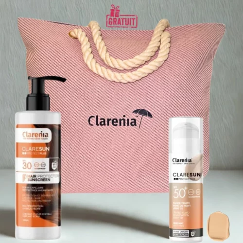 CLARENIA FOND DE TEINT 01 LIGHT SPF50+50ML+PROTECT PLUS CAPILLAIRE SPF30 200ML+SAC DE PLAGE ROSSE (OFFERT)