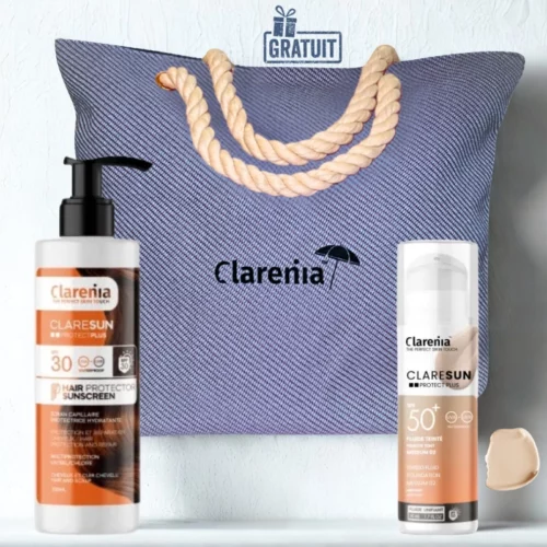CLARENIA FOND DE TEINT 02 MEDIUM SPF50+ 50ML+PROTECT PLUS CAPILLAIRE SPF30 200ML+SAC DE PLAGE EN BLEU SIEL (OFFERT)