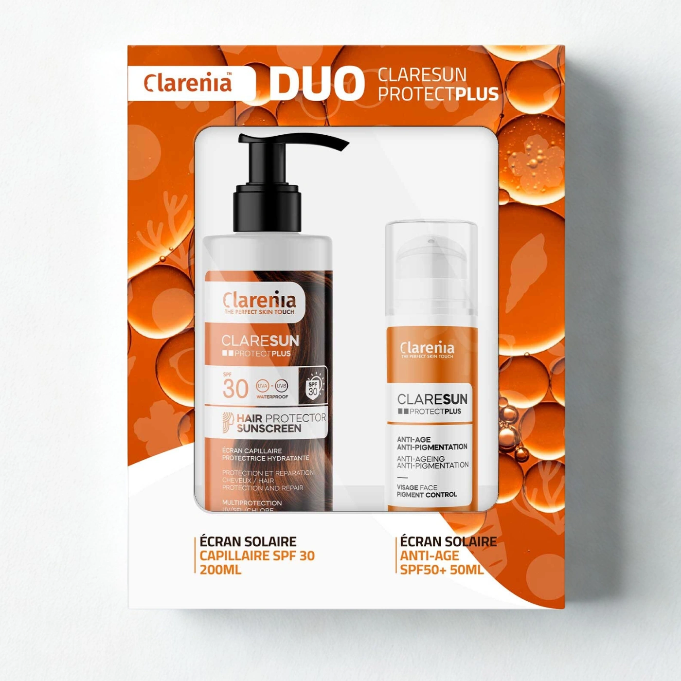 COFFRET SOLAIRE CLARENIA DUO ÉCRAN ANTIAGE SPF50+ ET ÉCRAN CAPILAIRE -40%