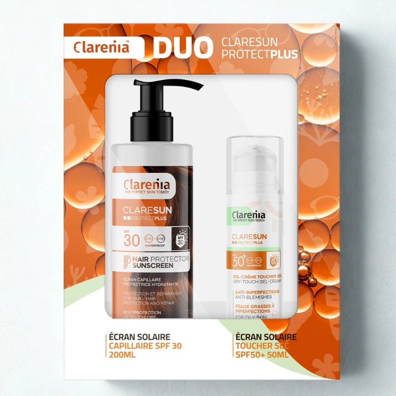 COFFRET SOLAIRE CLARENIA DUO ÉCRAN TOUCHER SEC SPF50+ ET ÉCRAN CAPILAIRE (-40%)