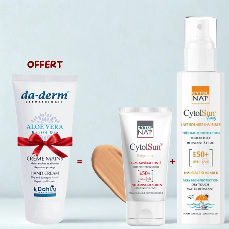 CYTOLNAT CYTOLSUN LAIT SOLAIRE SPF50+ FAMILY+ECRAN SPF50+ TEINTE BEIGE DORE+CREME MAINS (OFFERT)