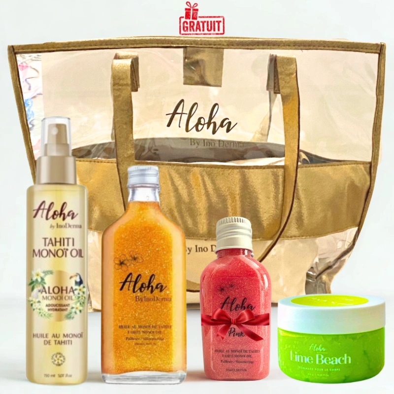 INODERMA HUILE DE MONOI GOLD 100ML+HUILE DE MONOI SPRAY 150ML+SCRUB LIME BEACH +HUILE MONOI PINK 35ML (OFFERT)+SAC (OFFERT)