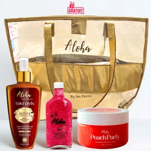 INODERMA ALOHA LAIT ACTIVATEUR DE BRONZAGE 250ML+SCRUB PEACH PARTY 300GR+HUILE AU MONOI PAILLETEE PINK100ML+SAC (OFFERT)