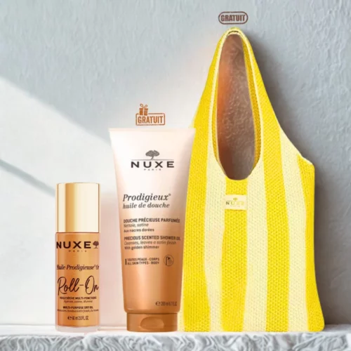 Nuxe – Sac Huile Prodigieuse Roll-On 60ml + Huile de Douche Précieuse Parfumée 100ml