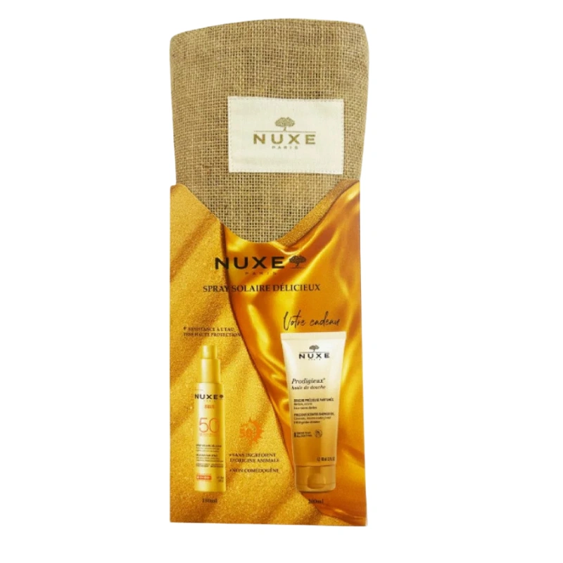 NUXE SAC SUN SPRAY SOLAIRE DELICIEUX SPF50 150ML+PRODIGIEUX HUILE DE DOUCHE 200ML (OFFERT)