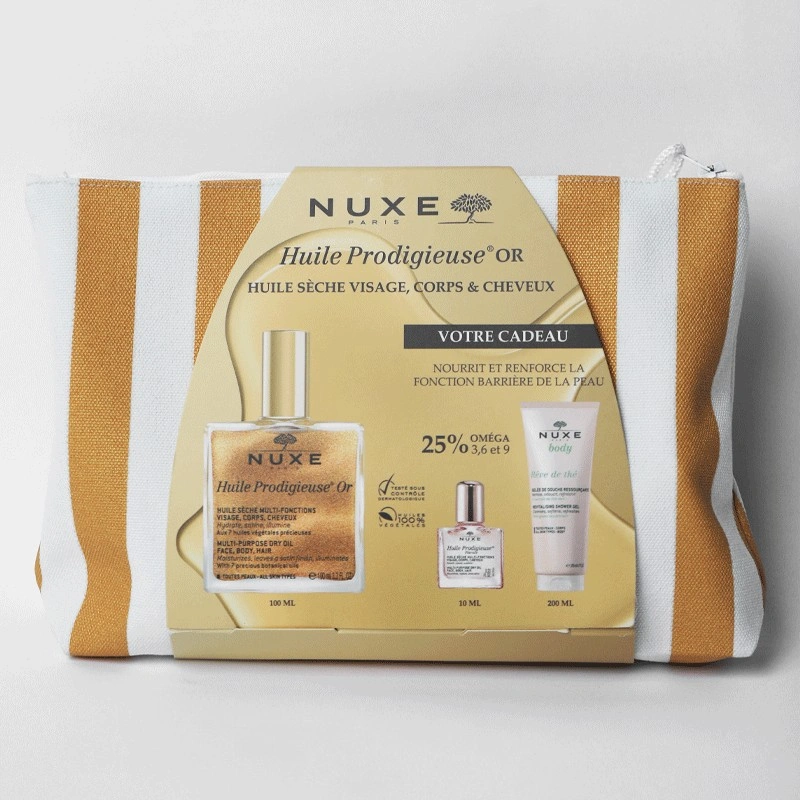 NUXE TROUSSE RAYEE HUILE PRODIGIEUSE OR 100ML+REVE DE THE GELEE DE DOUCHE 200ML (OFFERT)+HUILE PRODIGIEUSE FLORALE 10ML (OFFERT)