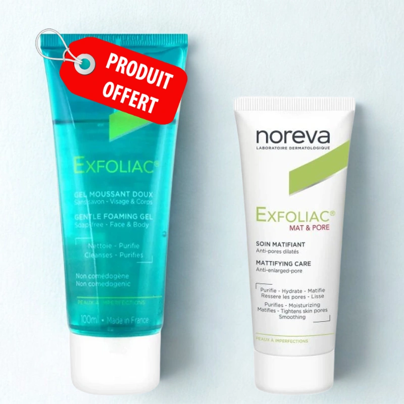Noreva – Coffret Exfoliac Mat & Pore Soin Matifiant 30ML + Gel Moussant Doux 100ML Offert
